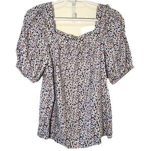 Ann Taylor Factory Blouse S Rayon Linen Puff Sleeve Square Neck Print